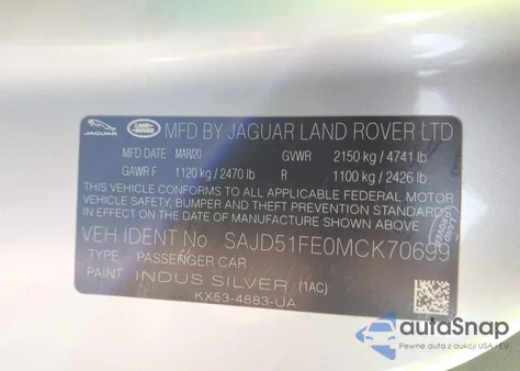 2021 Jaguar F-Type R Awd Automatic from USA, damaged, VIN SAJD51FE0MCK70699